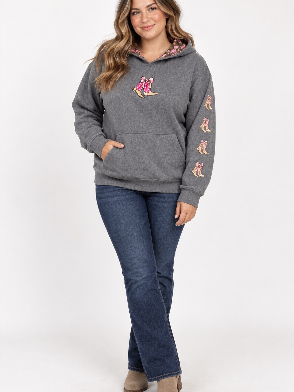 Simply Southern Gray Hoodie with Pink Boot Motif